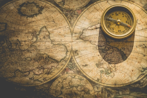 Antique map and compass